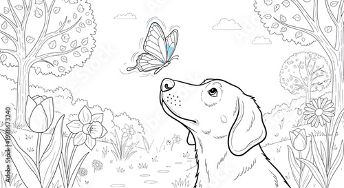 Cute labrador retriever dog looking at a beautiful butterfly in a floral garden scene intended as a relaxing coloring page for kids and creative adults