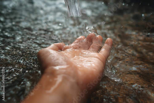 hand under water stream, realistic skin texture, natural imperfections, soft diffused light, minimal background