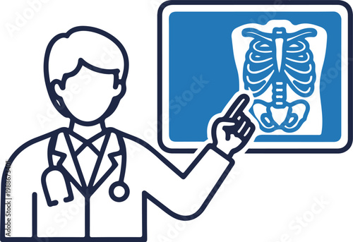 Doctor pointing at a medical xray scan of a human chest and pelvis