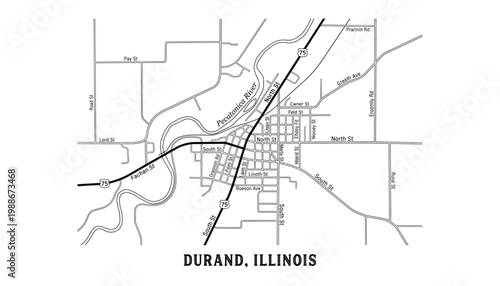 Durand Illinois map vector illustration showing roads streets river and highway 75 transparent background.
