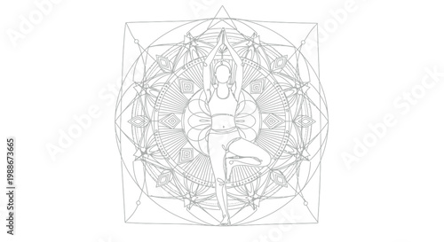 Woman practicing a balanced tree yoga pose in front of a detailed black and white geometric mandala pattern for a coloring book page art illustration