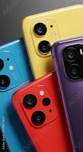 Array of colorful smartphones with multiple camera lenses, modern design