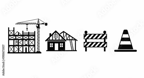 Construction Building Site Icon Set - Building Crane House Under Construction Road Barrier Traffic Cone Black Silhouette Vector
