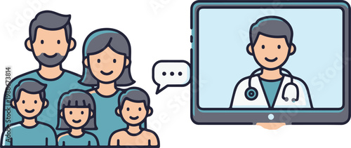 Family consulting with a doctor via video call on a tablet