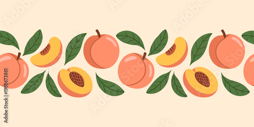 Peaches and leaves on a light beige background with slices and whole fruits
