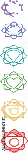 Seven colorful glowing chakra symbols aligned vertically on a clean white background represent spiritual energy centers associated with healing meditation relaxation and holistic human body wellness