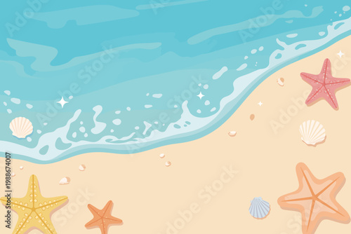 Cartoon illustration of starfish and seashells on sandy beach by ocean waves