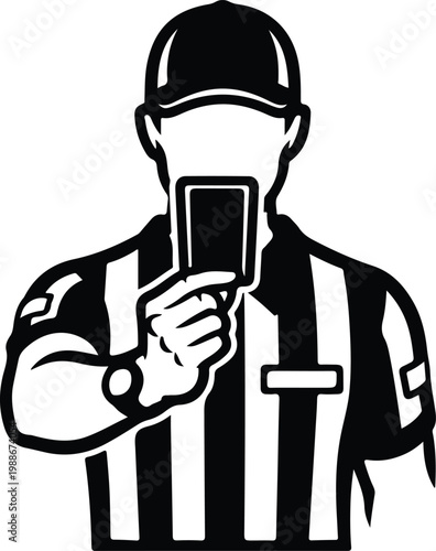 Black and white illustration of a sports referee holding up a penalty card in a striped uniform.