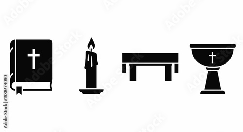 Christian Religion Icon Set - Bible Candle Church Pew Chalice Cross Black Silhouette Vector
