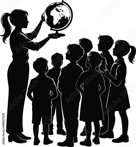 Educational silhouette illustration, teacher holding globe, children learning geography, classroom teaching scene, global knowledge sharing, academic guidance, inspiring education artwork