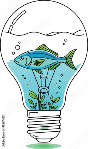 Small blue fish swimming inside a glass light bulb filled with clear water and green aquatic plants to symbolize an innovative sustainable eco friendly idea