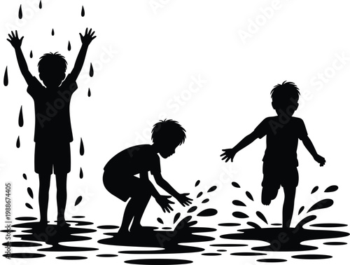 Children silhouettes playing in puddles, joyful rainy day activity, water splash motion, carefree childhood fun, outdoor lifestyle concept, minimalist design art