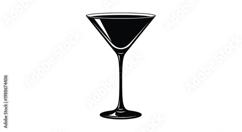 A striking black and white illustration depicts a classic martini glass elegantly poised on a surface