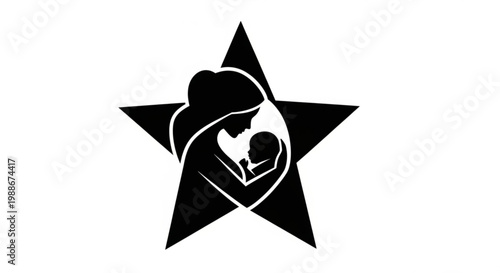 A minimalist vector graphic of a mother holding a baby in a star shape