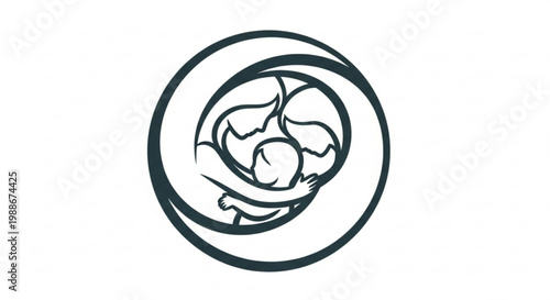 A minimalist vector graphic illustration of a mother holding her baby in a circular design