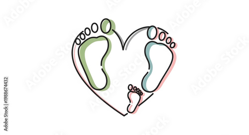 A heart shaped illustration of baby feet and parent feet in a colorful design