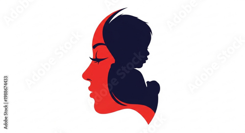 A minimalist vector graphic illustration of a mother and child in a striking red and blue silhouette design