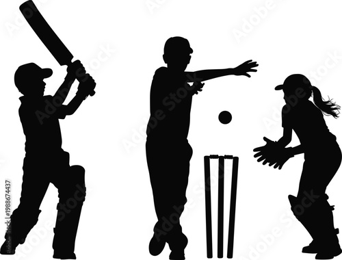 Cricket silhouettes, batter swinging bat, bowler delivering ball, wicketkeeper ready to catch, teamwork in sport, dynamic motion, outdoor athletic lifestyle concept
