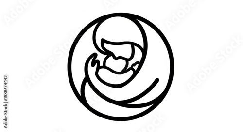 A minimalist line art vector graphic of a mother holding her baby in a circular design