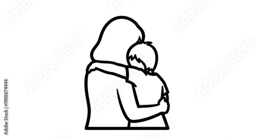 A minimalist vector illustration of a mother hugging her child in a simple black line art style