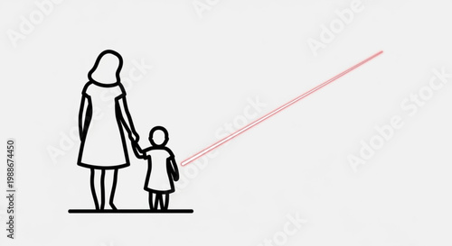 A minimalist vector illustration of a woman and child holding hands with laser eyes