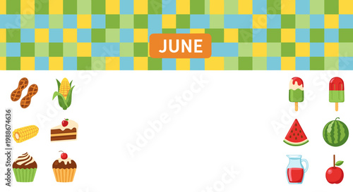 June calendar header with summer foods treats and refreshments icons