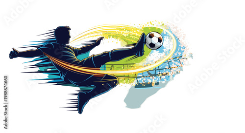 Dynamic football player kicking ball with energetic motion blur and globe graphic