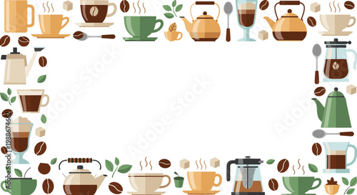 Decorative border frame of coffee cups teapots and beans for cafe or beverage