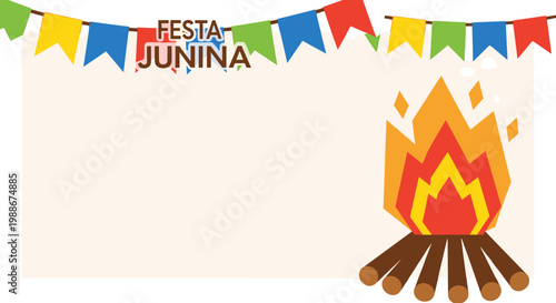 Festa junina celebration with bonfire and colorful bunting flags festive