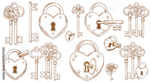 Collection of antique heart shaped padlocks and ornate keys vintage design