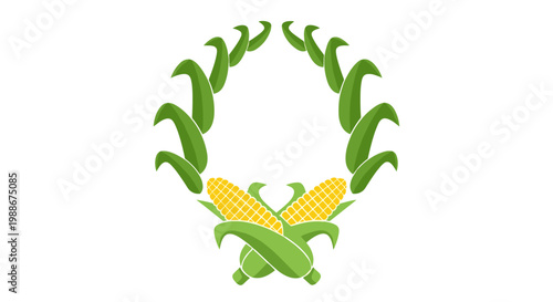 Golden corn cobs and green leaves forming an elegant wreath emblem for harvest
