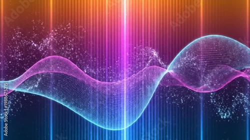 Abstract digital wave with glowing vertical lines and particles