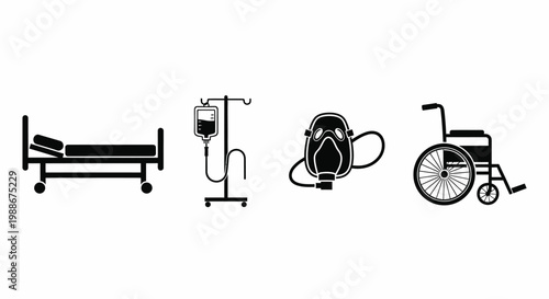 Hospital Medical Equipment Icon Set - Hospital Bed IV Drip Oxygen Mask Wheelchair Black Silhouette Vector
