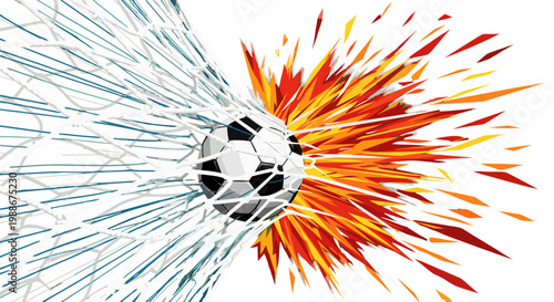 Dynamic soccer ball explodes through net in fiery burst of energy and shattered
