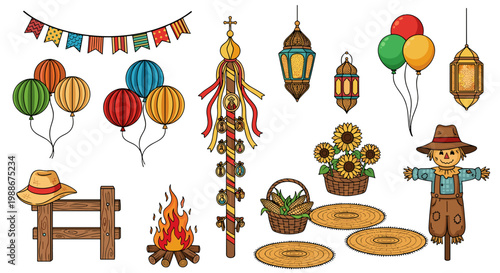Festive celebration elements bunting balloons scarecrow campfire lanterns