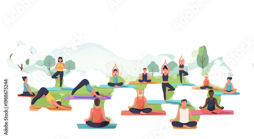Diverse group of people practicing yoga outdoors in a peaceful park setting