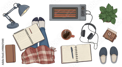 Cozy indoor scene with items for relaxation study and comfort including a desk