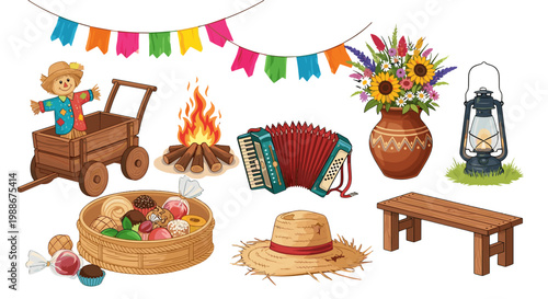 Festive outdoor gathering elements haystack accordion bonfire flowers lantern cart