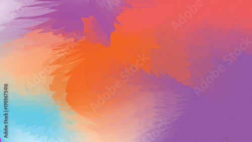 Vibrant abstract background with colorful jagged feather-like textures in orange, purple, and blue.