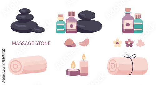 Spa and wellness elements including massage stones aromatherapy oils rolled towels