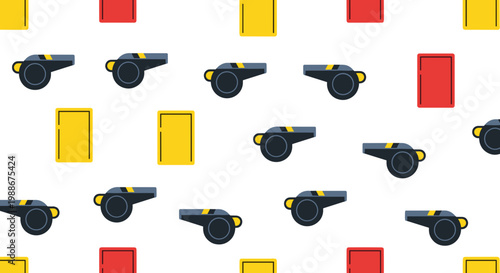 Referee's whistle and yellow red cards pattern sports game concept judge equipment