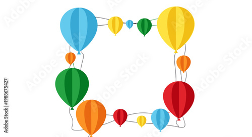 Colorful hot air balloons and paper lanterns forming a festive square frame