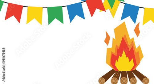 Festive bonfire with colorful bunting flags against a white background