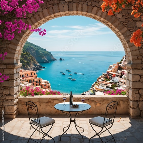 Arched stone balcony overlooks vibrant coastal village, sea, boats, and floral blossoms