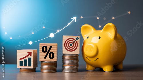 A piggy bank and wooden blocks with financial symbols on a table with a blue background and a growing graph