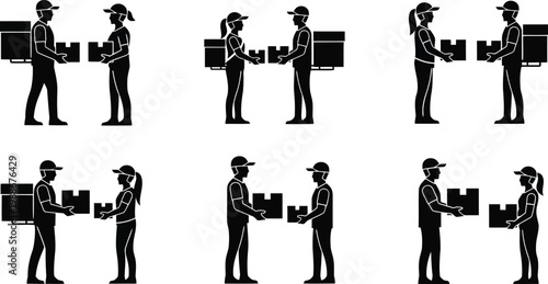 Courier workers exchanging packages set, delivery staff handover parcels logistics shipping service teamwork and last mile distribution concept