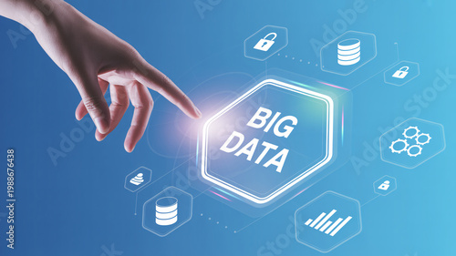 A hand interacting with a big data concept on a blue background with various icons