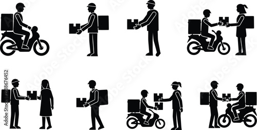 Delivery courier service icons set with motorcycle riders package handover logistics shipping and last mile delivery concept