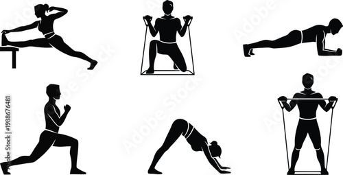Fitness workout silhouettes showing strength training stretching yoga resistance band exercises and bodyweight training routines illustration set