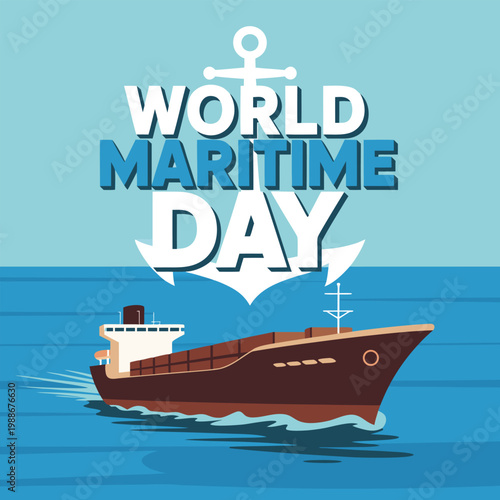 World maritime day background with big ship on ocean and anchor.
